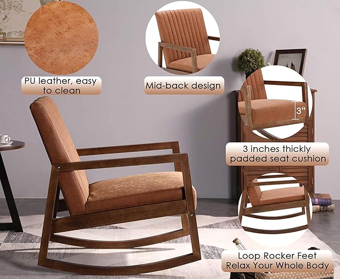 Faux Leather Rocking Chairs Set of 2 Mid Century Modern Recliner Accent Chair Comfy Lounge Arm Chair for Nursery Bedroom Living Room Retro Brown PU