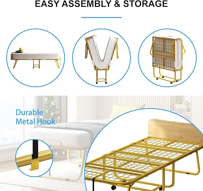 PUREMIND Folding Bed with 5” Mattress &amp Baffles Twin Size 75”x 45” Portable Rollaway Beds for Adults Fold up Bed with Metal Frame Space-Saving Guest Beds for Living Room/Apartment/Office