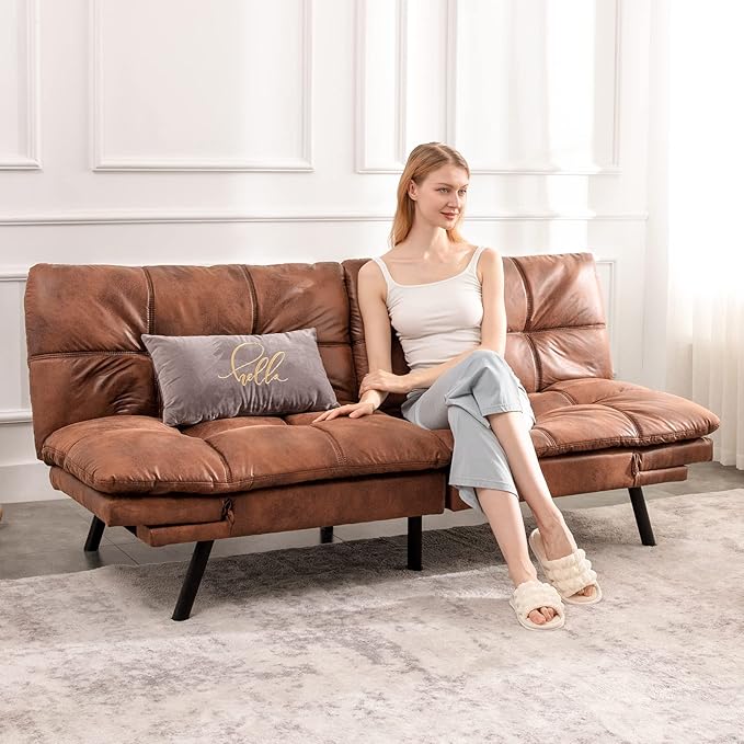 Opoiar Futon Sofa BedLounge Memory Foam Sleeper Couch for Living RoomConvertible Loveseat for Compact Living SpacesStudio ApartmentDormHome Office71-Brown-Faux Leather-Thicker versio