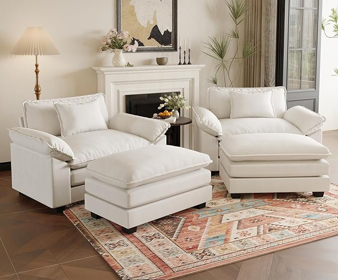 HUSFU Oversized Accent Chair with Ottoman Cloud Couch Chair with Deep Seat and Extra Wide Armrests Comfy Reading Armchair for Bedroom Living Room Set of 2 Beige