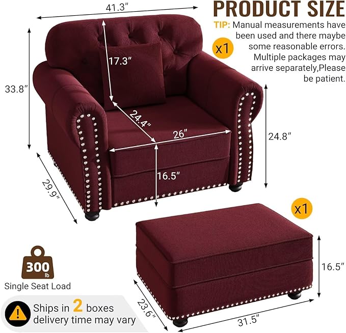 41.3 Burgundy Upholstered Velvet Sofa with Ottoman &amp Pillow Mid-Century Button Tufted Chesterfield Couch Nailhead Trim &amp Rolled Arms Bedroom or Living Room Accent Seating