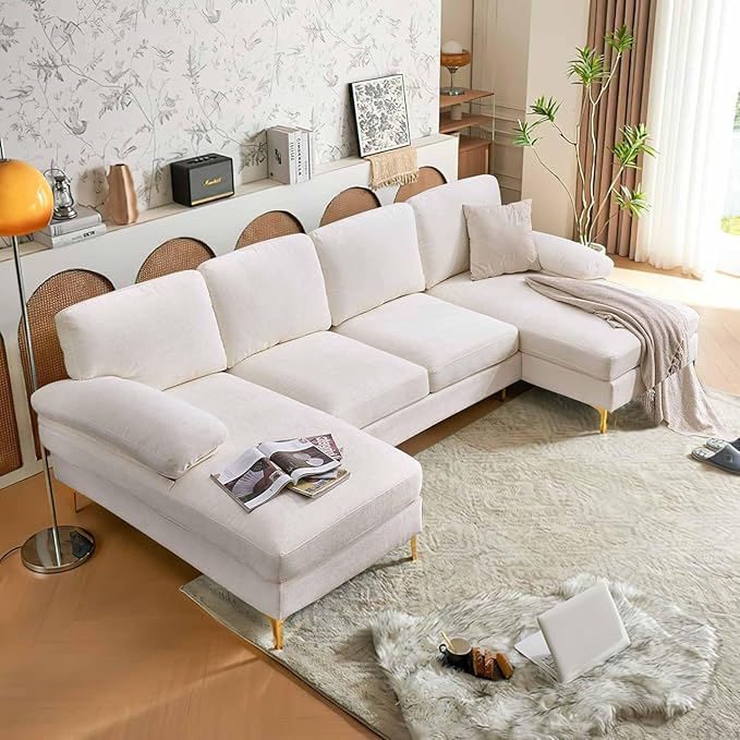 VERYKE Modern U Shape Sectional Sofa Couch 110'' Linen Fabric Sectional Couch Sofa Upholstered Sofa Bed with Metal Legs for Living Room Home Office