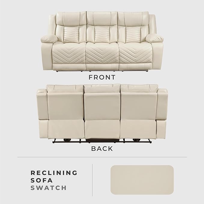 Lexicon Wall Hugger Power Double Reclining Sofa with Center Drop-Down Table Faux Leather Home Theater Seating with LED Lighting/USB Charging Ports/Wireless Charger/Cup Holders Magazine Pocket Beige