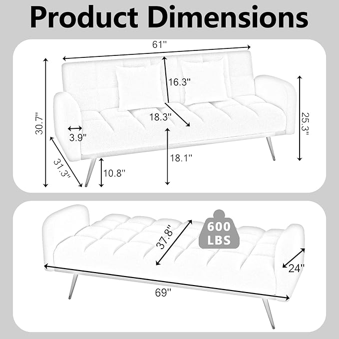 Comfy Futon Sofa Bed with 2 Pillows White Futon Couch Bed with Gold Legs Small Convertible Sofa Bed Couch for Living Room Modern Loveseat for Bedroom Curved Arms Plush Tufted-ShapedTeddy (Beige)