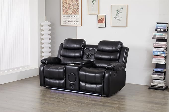 Faux Leather Manual Reclining Loveseat with LED and Console with SubWoofer