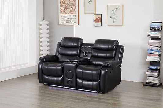 Faux Leather Manual Reclining Loveseat with LED and Console with SubWoofer