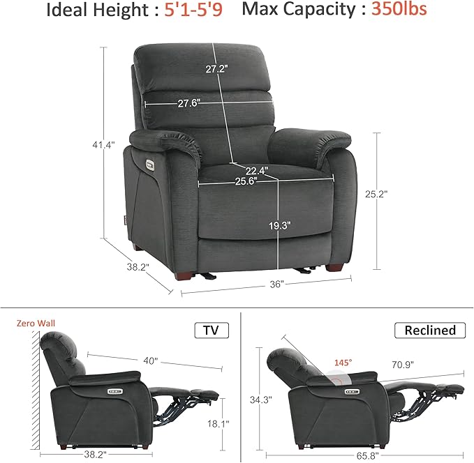 MCombo Power Zero Wall Hugger Recliner Chair for Small Space RV Living Room Power Recliner with Adjustable Headrest USB &amp USB-C Charging Ports Fabric ST257 (Dark Grey)