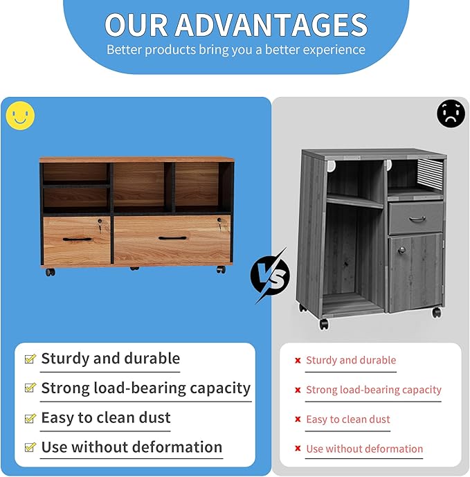 2 Drawer Wood Mobile Large Lateral File Cabinet Lockable Rolling Filing Cabinet with Storage Shelves Printer Stand Office Storage Cabinet for Home Office Fits Files Legal/A4 Rustic Brwon