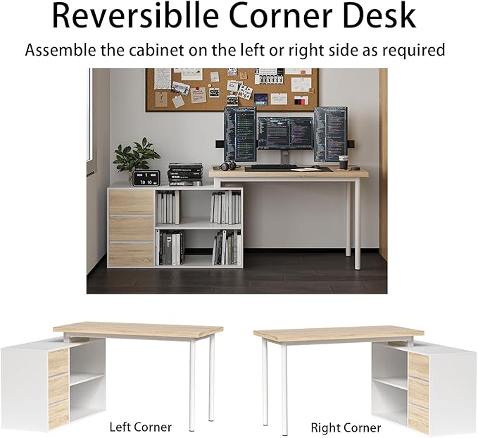 L Shape Computer Desk with 3 Drawers and 2 Shelves Home Office Desk Corner Small Desk with Storage Cabinet for Writing Study Executive – Walnut and White