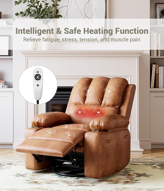 Garvee 22 Power Recliner Chair for Adults with Massage and Heat 360° Swivel Oversized Leather Recliner Chair Large Seat Width with USB Ports &amp Side Pockets for Living Room Bedroom Two-Tone Retro