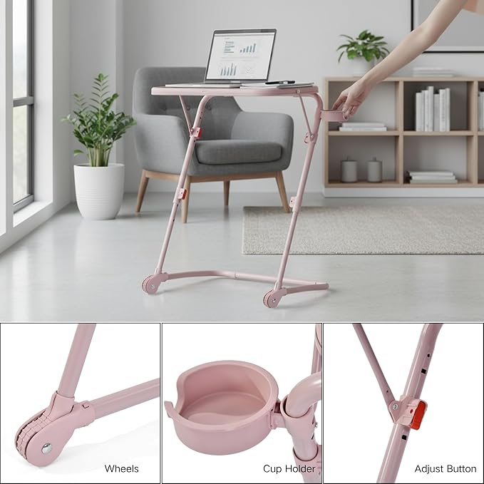 Homy Casa Adjustable Z Shaped Study Desk with Cup Holder Space Saving Portable Laptop Foldable Table for Home Office Living Room &amp Bedroom Sturdy Metal Frame &amp PP Top Black (1PC-Pink)