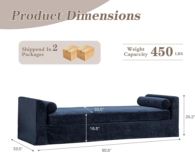 Mlmh &amp Kngwa Chaise Lounge Chair Indoor 90.6 Upholstered Oversized End of Bed Bench with 2 Pillows &amp Armrests Comfy Sleeper Couch Daybed Bench for Bedroom Living Room Chenille Navy
