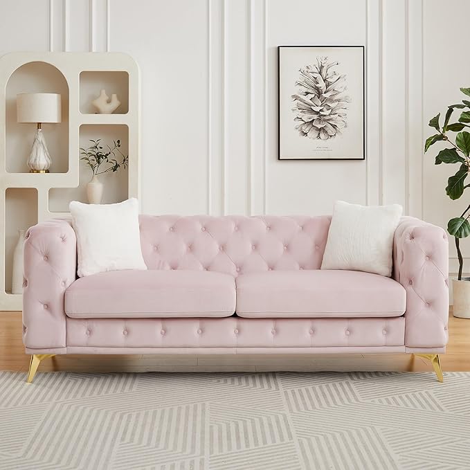 82.5'' Velvet Chesterfield Sofa Button Tufted Upholstered Sofa Couches with 2 Pillows Golden Metal Feets Removable Thick Cushions Comfy Chesterfield Couches for Living Room Apartment Pink