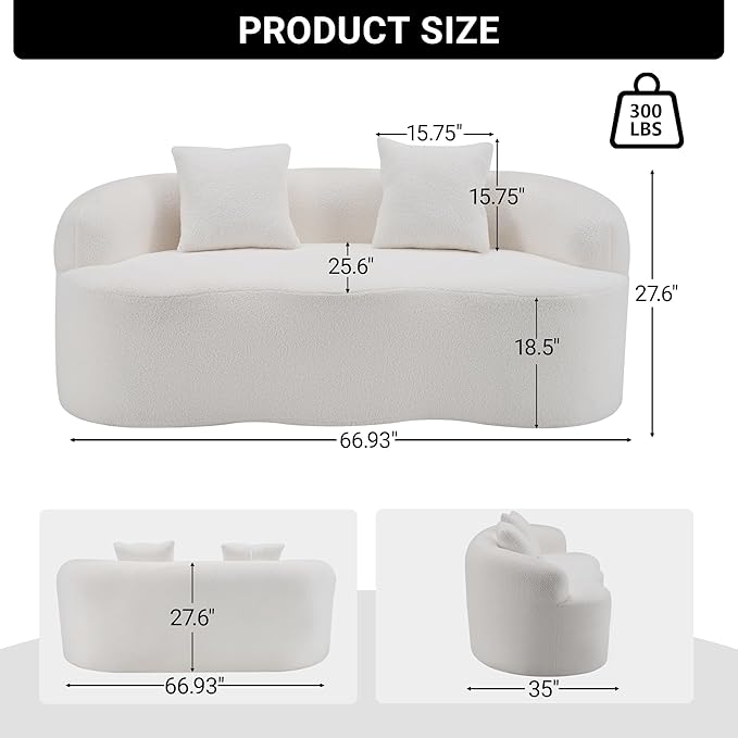 67”Curved Loveseat for Living Room Deep Seat Cloud Loveseat with 2 Throw Pillows Modern Loveseat Adopt Teddy Fabric for Small Spaces The Love Seat Couch No Assembly Needed White Loveseat