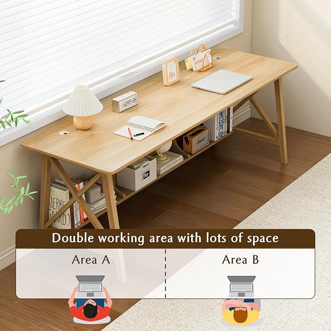 Extra Long Desk with Bookshelf - Wooden Home Office Work Study Table Writing Computer Workstation with Storage Shelf in Oak 47 Wx16 Dx30 H