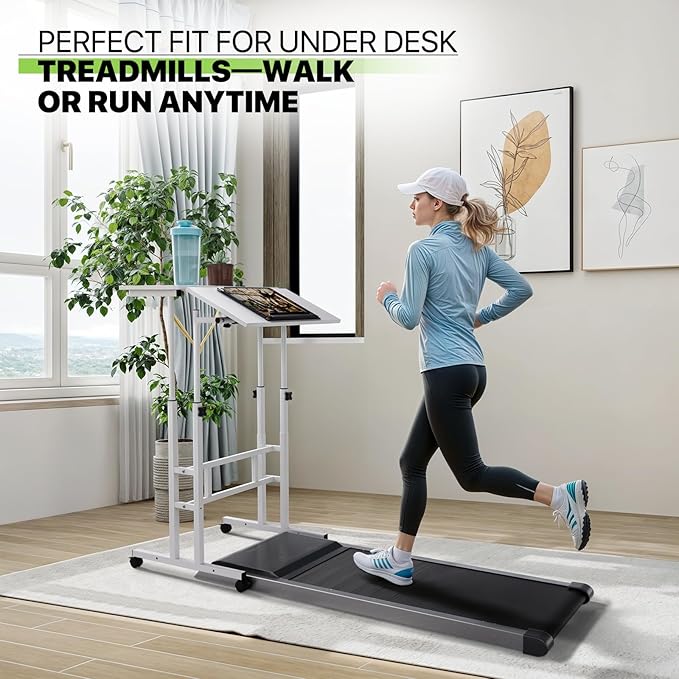 Magshion Standing Desk with Wheels Height Adjustment from 28 to 46 Sit to Stand Up Mobile Computer Desk Rolling Laptop Cart for Home Office Walking Pad Writing and Gaming White