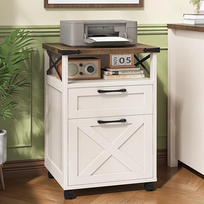 Farmhouse Filing Cabinet with Open Storage Space &amp Wheels Office Filing Vertical Cabinet with 2 Drawers Printer Stand for Hanging Files Letter/A4 Under Desk Storage Cabinets for Home Office. Wh