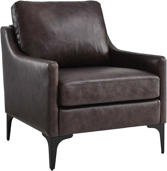 Pemberly Row Modern Leather and Metal Armchair 33.5 in H x 28 in W x 32 in D Brown Finish Upholstered Accent Chair with Spring Coil Support Mid-Century Style for Living Room or Home Office Use