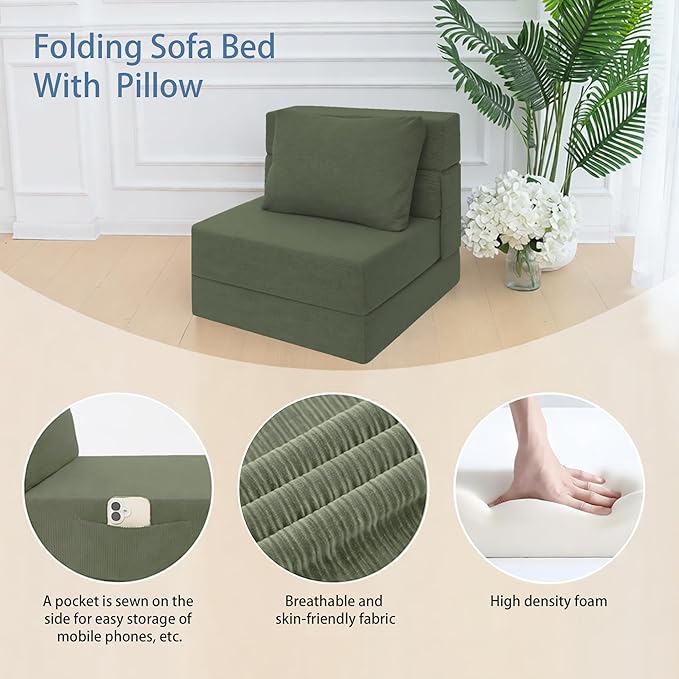 Sofa Bed Foldable Mattress Folding Sleeper Sofa Chair Bed Floor Mattress with Pillow for Living Room Home Office (Green-Corduroy Single)