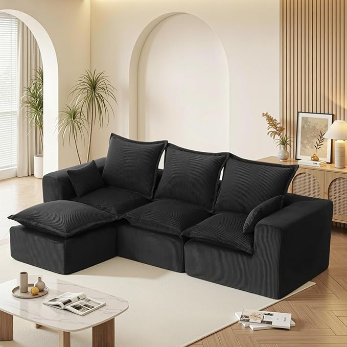 DOPEDIO 107 Cloud Modular Sectional Sofa with Ottoman &amp L-Shaped Chaise Deep Seat Boneless Couch in a Box for Living Room Upholstered Comfy Sofa No Assembly RequiredBlack