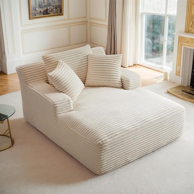 Oversized Chaise Lounge Chair Indoor Corduroy Sofa Bed with Throw Pillows Recliner Chair Comfy Large Deep Seat Sofa Couch for Living Room Bedroom Apartment (White)