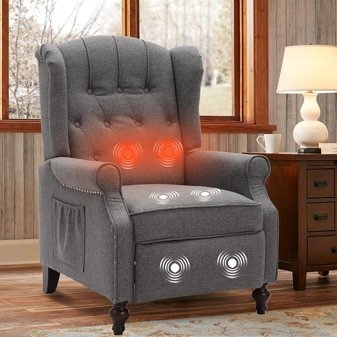 IPKIG Wingback Pushback Recliner Chair - Mid Century Recliner Armchair with Massage and Heat Rivet Decoration Button-Tufted Back Solid Wood Legs for Living Room Bedroom Office(Grey)