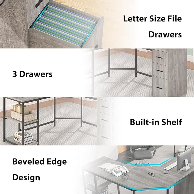 HSH Gray L Shaped Corner Desk with Storage 60 Corner L-Shaped Computer Desk with File Cabinet Shelves Reversible Wood Metal L Shape Home Office Work Study Writing Desk for Dual Monitor Light Grey