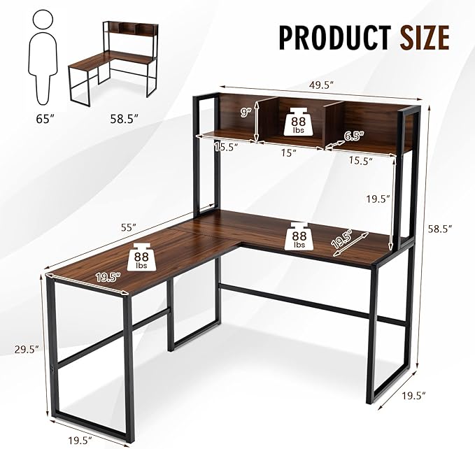 MEDIMALL L-Shaped Desk w/Storage Shelf Reversable Corner Desk Game Table w/Sturdy Metal Frame Multifunctional Computer Desk for Home Office (Walnut)