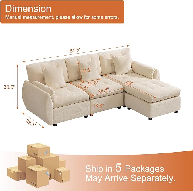 84 L Shaped Modular Sectional Cloud Sofa with Ottoman Deep Seat Tufted Chenille 4-Seater Couch with Curved Arms Beige
