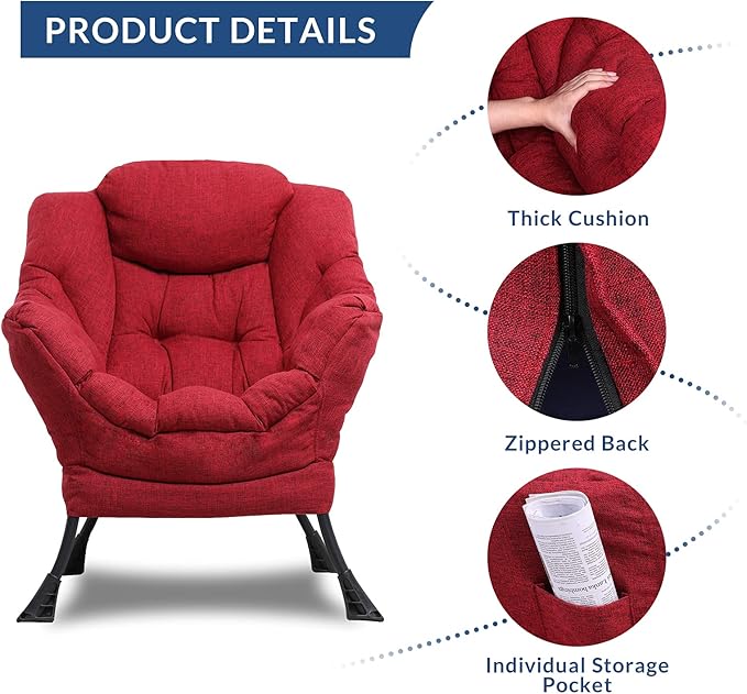 Modern Lazy Chair with Portable Ottoman Accent Contemporary Lounge Chair Steel Frame Leisure Sofa Chair Set with Footstool Armrests Side Pocket for Living Room Bedroom Office Red