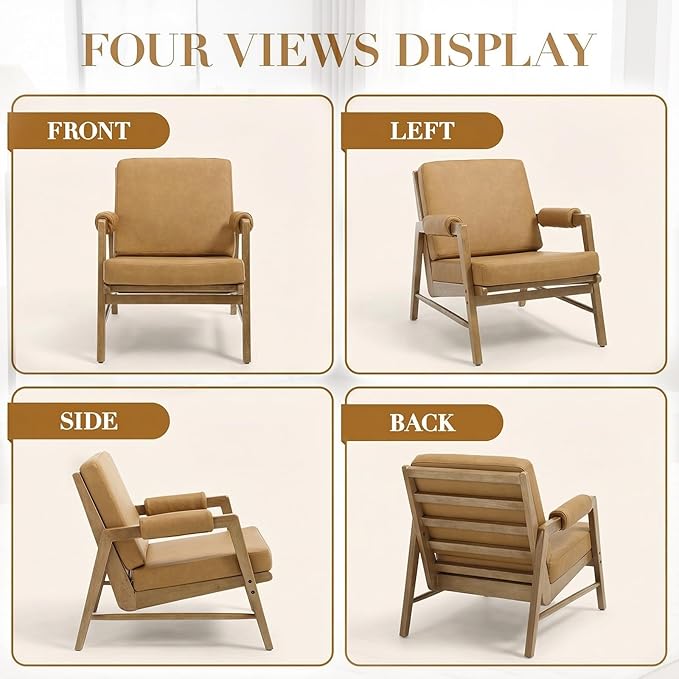 CIMOTA Mid Century Modern Accent Chair Set of 2 Leather Upholstered Living Room Chairs with Arms Comfy Reading Chair with Solid Wood Frame High Back for Bedroom Waiting Room Office Brown