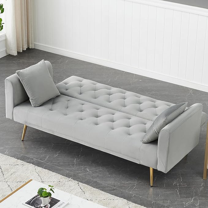 71 Modern Velvet Sofa Bed Futon Convertible Sleeper Couch with Adjustable Backrest Tufted Recliner Loveseat with Golden Chrome Legs &amp 2 Pillows for Small Spaces Living Room Apartment (Gray)