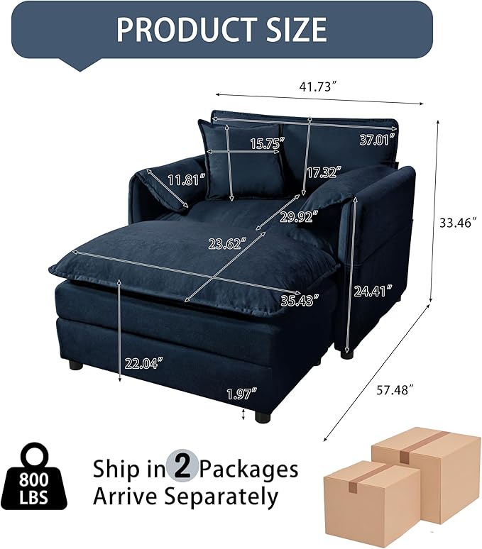 Recliner Chair with Movable OttomanSoft Chenille Upholstered Indoor Lounge Chair with Pillow for Living Room Bedroom Office (57.48 Blue)