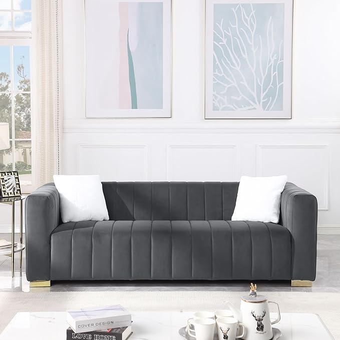 Familymill 87'' Modern Premium Velvet 3-Seater Sofa Couch with Metal Base Legs and 2 Pillows for Living Room/Bedroom