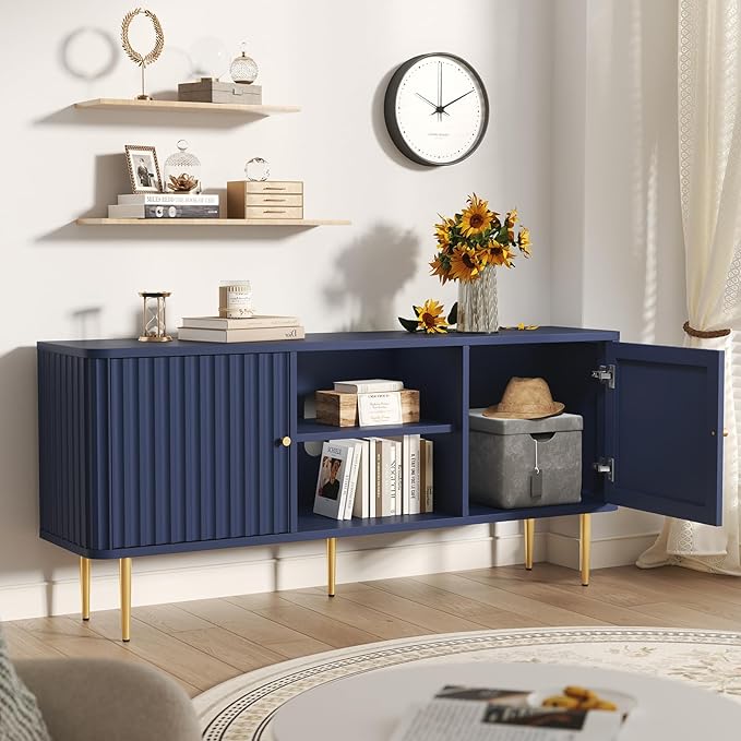 ARTPOWER 55” Fluted TV Stand Mid Century Modern Blue TV Stand for 55/60/65 inch TV Entertainment Center with Storage Television Stands TV Console Media Console for Living Room Bedroom (Blue)