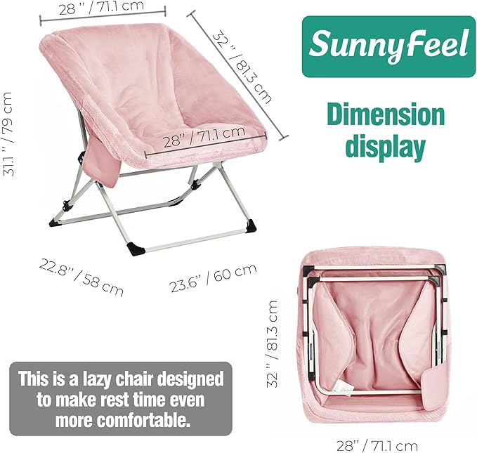SUNNYFEEL Comfy Folding Saucer Chair for All SeasonsRemoval Faux Fur Soft Chair for AdultsReading Chair for Living Room Bedroom Dorm Metal Frame Moon Chair(Pink)