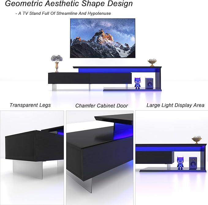 LED TV Stand for 55–90 Inch TVs Extendable Entertainment Center with LED Lights Modern TV Console with Storage Stylish Design TV Cabinet with 2 Pull-Down Doors Media Shelf for Living Room Black