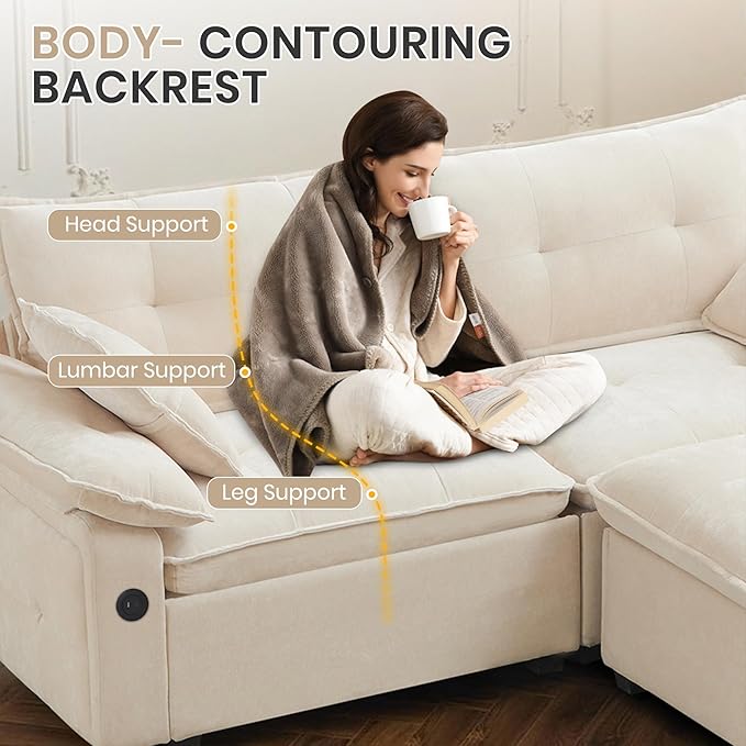 89 L Shaped Sectional Couch Comfy Modular Sectional Cloud Couch with Movable Ottoman 2-Seater Chenille Deep Seat Loveseat with Throw Pillows/USB for Living Room Apartment (Beige)
