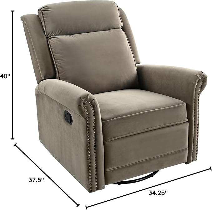 360° Swivel Recliner Chair with Adjustable Backrest Manual Rocking Recliner Home Theater Manual Recliner Chair with Metal Base and Velvet Fabric for Living Room (Light Brown 2)