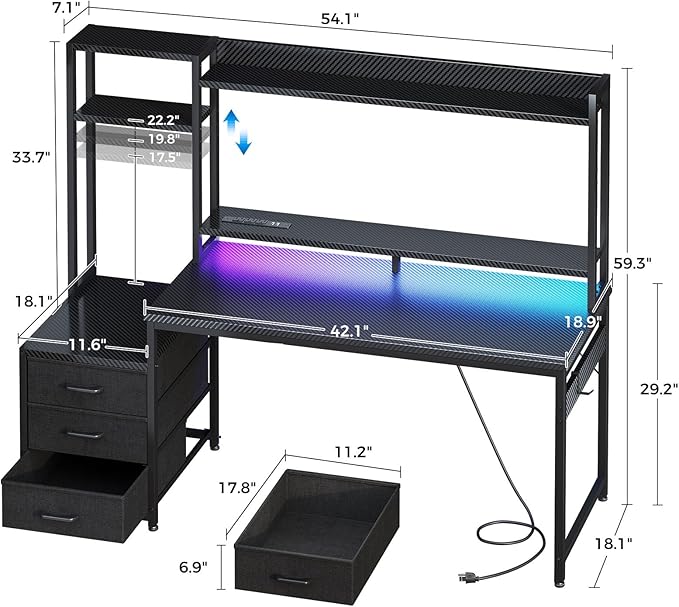 Casaottima 55 Inch Gaming Desk with Hutch &amp 3 Fabric Drawers Computer Desk with USB Ports &amp LED Lights Reversible Pc Gamer Table with Monitor Stand for Home Office Carbon Fiber Black
