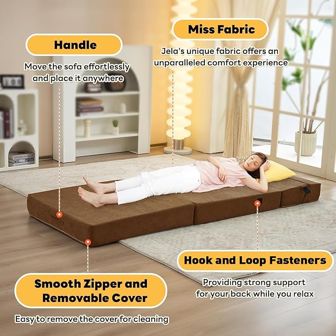jela Foldable Sofa Bed Large Soft Foam Convertible Sleeper Chair Luxury Miss Fabric Fold Out Chair Bed Floor Couch with Back Support Floor Sofa for Living Room Bedroom (83x33Coffee Brown)