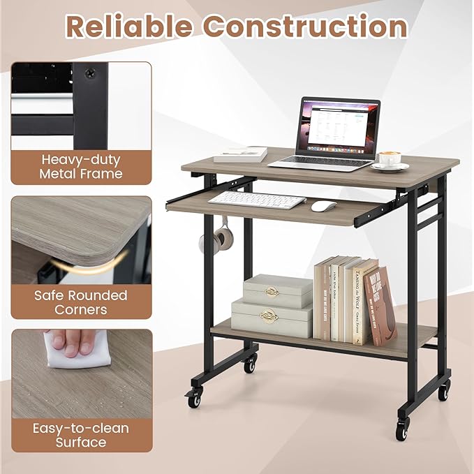 LDAILY Moccha Rolling Computer Desk Mobile Computer Desk with Keyboard Tray Portable Laptop PC Desk Open PC Stand 3 Earphone Hooks Wooden Computer Cart for Office Home (Grey Oak)