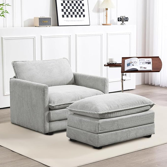 ROWHY Single Armchair with Ottoman Modern Corduroy Cloud Couch with Convertible Chaise Upholstered Sofa Set for Living Room Light Grey