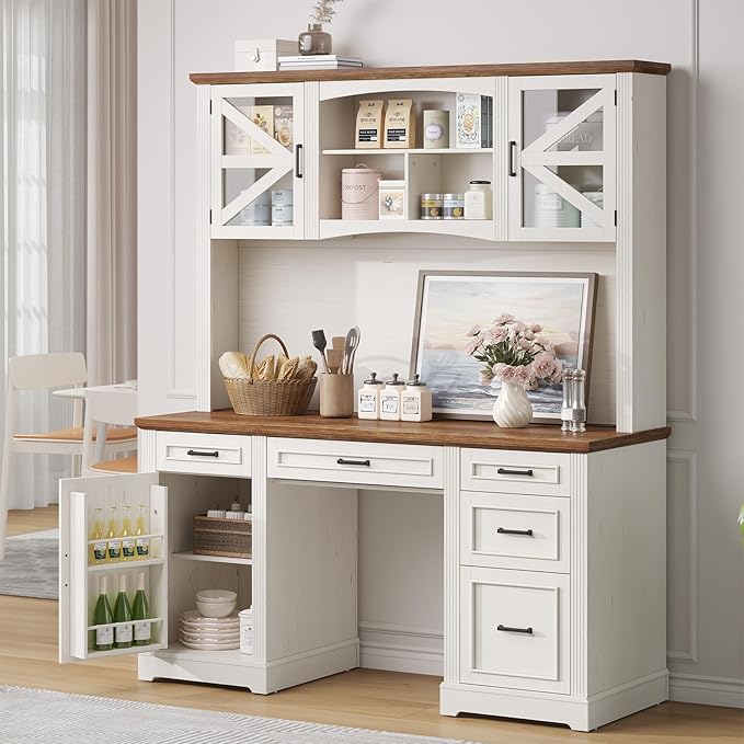 ONBRILL 72 H Farmhouse Executive Desk with Hutch Office Desk Computer Desks with Charging Station Computer Workstations with 5 Drawers and Storage Cabinet for Home Office Off White &amp Walnut