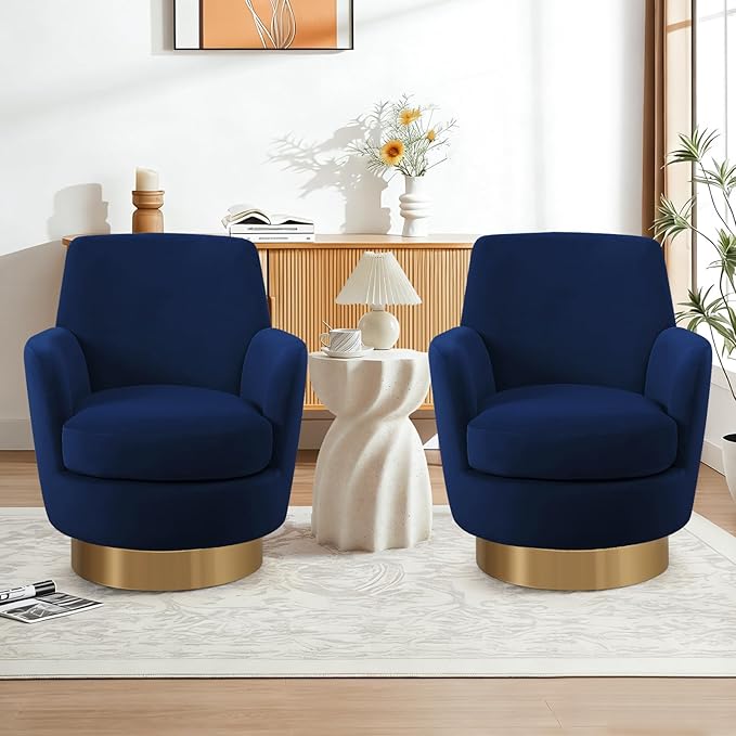 SLEERWAY 360° Swivel Barrel Chair Set of 2 28.3 Modern Velvet Round Accent Chair Comfy Upholstered Small Armchair with Gold Metal Base for Living Room Bedroom Nursery Office Sillas para Sala Navy