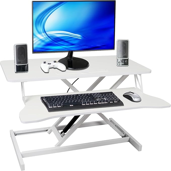 32 Inch Stand Up Laptop Desk Converter Heavy Duty Height Adjustable Standing Computer Workstation Riser with Removable Keyboard Tray for Home Office Workshop Spacious Platform for Monitor White