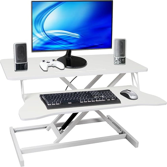32 Inch Stand Up Laptop Desk Converter Heavy Duty Height Adjustable Standing Computer Workstation Riser with Removable Keyboard Tray for Home Office Workshop Spacious Platform for Monitor White