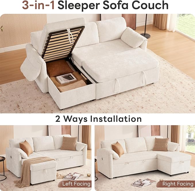 Tbfit 83'' 3 in 1 Sleeper Sofa Couch with USB &amp Storage Chaise Sherpa Sofa Bed with Pull Out Bed Convertible Sleeper Sofas for Living Room Small Spaces White