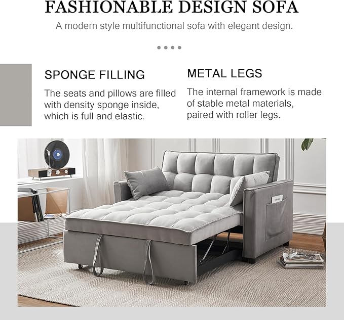54.8'' Sleeper Sofa Bed 3-in-1 Convertible Couch with Pullout Bed Reclining Backrest Storage Pockets – Modern Space Lounge Furniture for Living Room Includes Toss PillowsGrey
