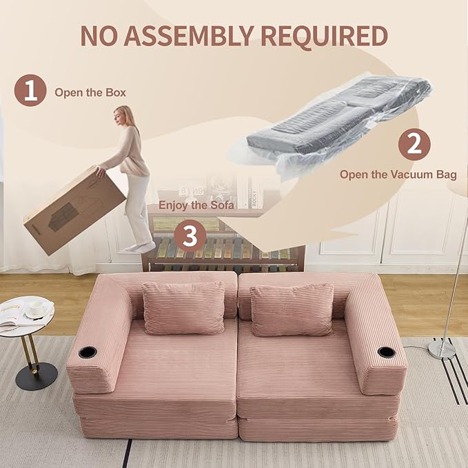 78 Loveseat Sleeper Sofa 4 in 1 Convertible Floor Sofa Bed Boneless Cloud Couch with Cup Holder Fold Out Floor Couch for Living Room Bedroom Lounge Corduroy Pink
